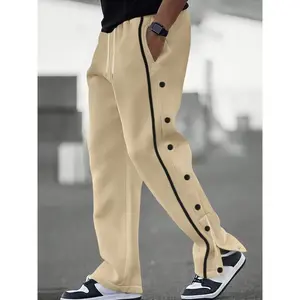 Solid Color Polyester Sweatpants - Men's Casual Regular Fit With Button Detail, Elastic Waistband - Fall/Winter Collection For Weekend Wear And Festive Occasions