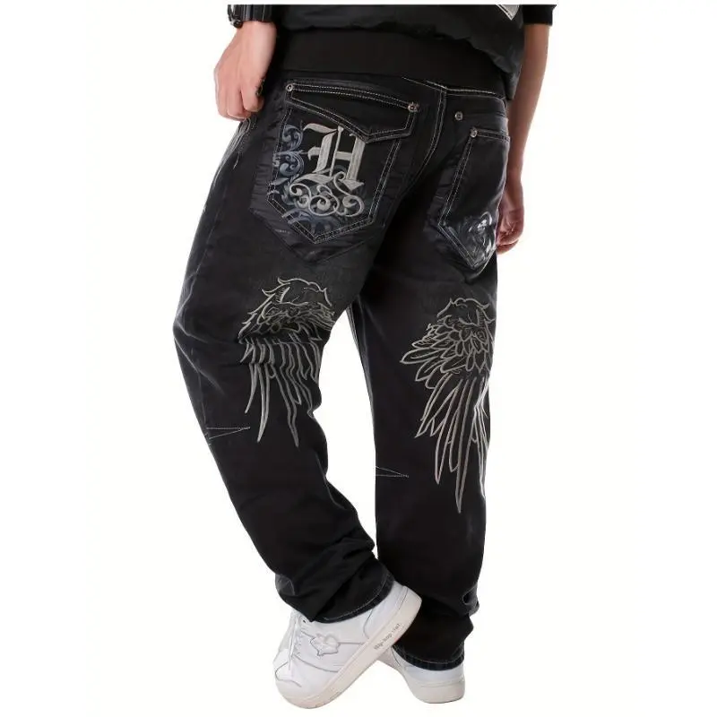 Men's Graphic Embroidered Skeleton Wings Cotton Denim Jeans - Menswear Streetwear Loose Fit Black Pants, White Winged Design for Hip Hop Street Dance, Casual Skateboarding
