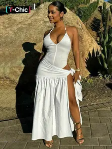 Women's Solid Color Backless Halter Neck Sleeveless Cami Bodysuit & Knot Side Skirt Two-piece Set, Fitted Clothing Set, Elegant Chic Fashion Casual Two Piece Outfits for Daily Outdoor Wear, Women Clothes for Fall & Winter, Chic Skirt Sets