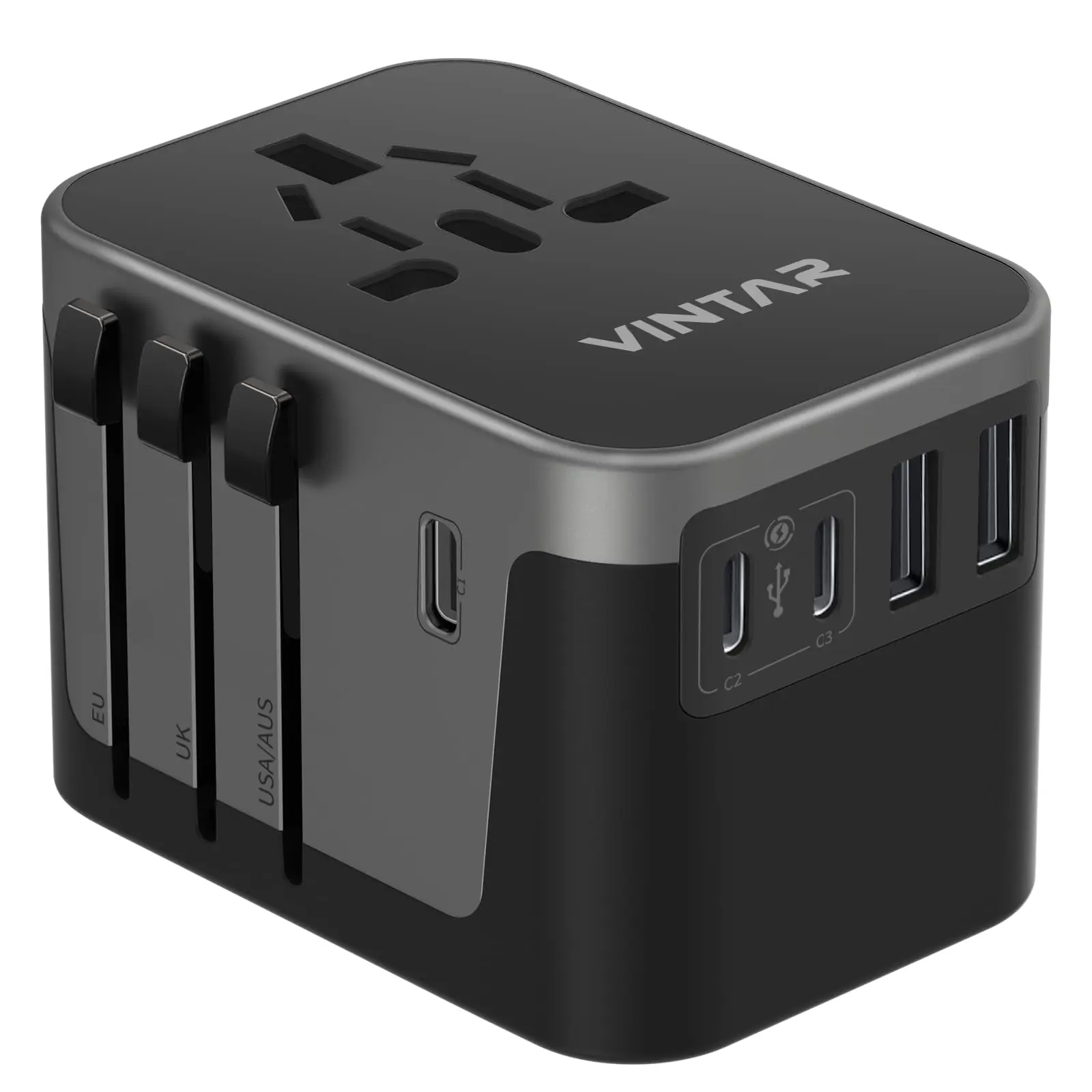 Universal Travel Adapter – All-in-One Worldwide Power Plug Adapter with 3 USB-C & 2 USB Ports, Type C/G/A/I Outlet Converter for Europe, UK, USA, Australia – 6-in-1 Travel Essentials Charger