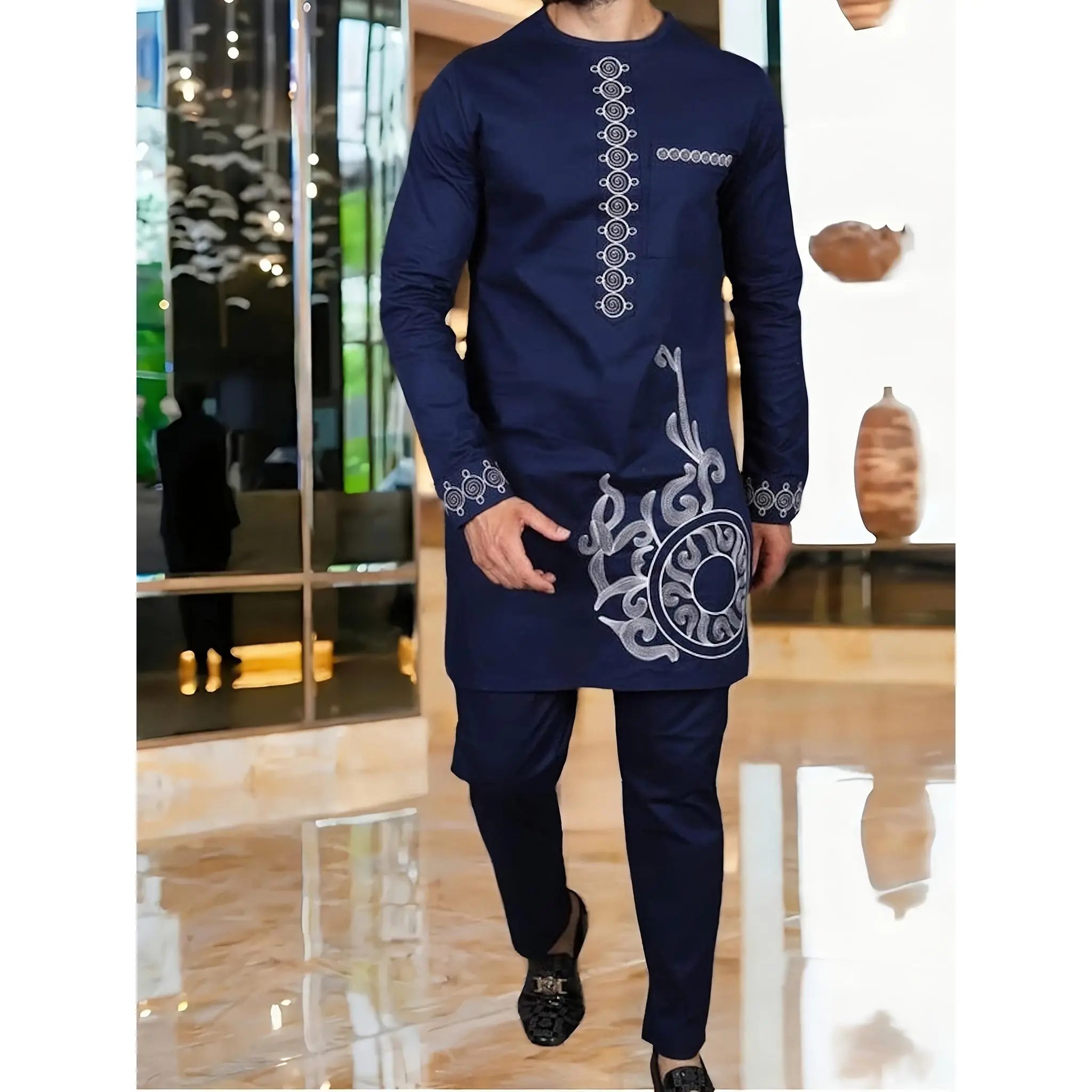 African Men'S Dashiki Suit, Plus Size Men'S Suit, Long Sleeve Cardigan, Round Neck, Shoulder Zipper, Embroidery, Print, Hem Slit, Elastic Pants, African Clothing, Plus Size Men'S Suit, Men'S Casual Shirt And Trousers 2pcs Suit, New Style for All Seasons,
