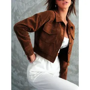 Women's Corduroy Button Front Jacket, Short Design with Pockets, Casual Fashion Outerwear for Fall & Winter Seasons