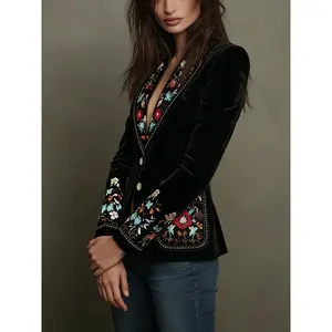 Elegant Black Floral Embroidered Blazer for Women Notched Lapel Single Breasted Slim Fit Spring Fall Work Blazer Casual Chic Office Outfit Jacket