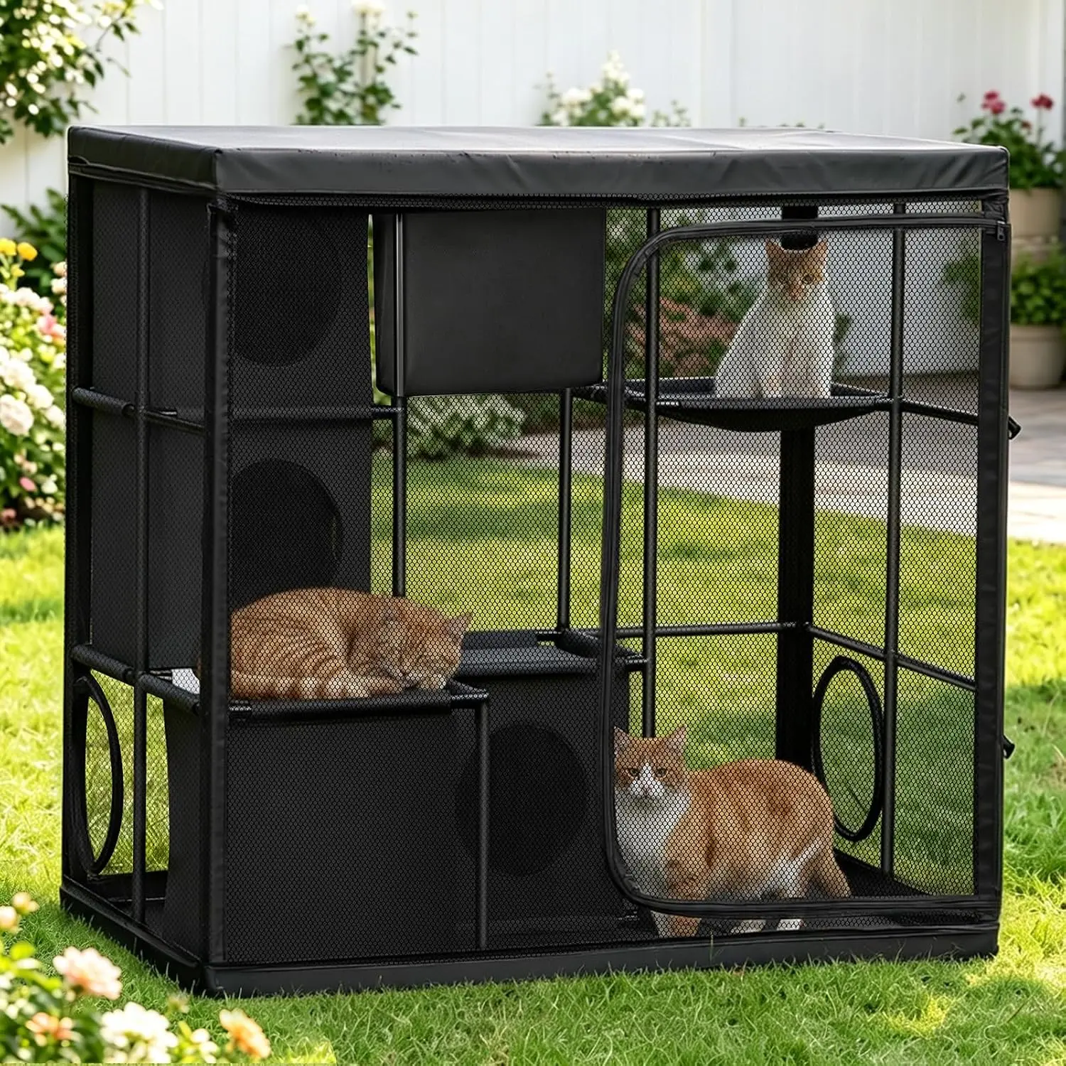 Extra Large Weatherproof Outdoor Catio Enclosure, Multi-Level Heavy-Duty Escape-Proof Cat House with 2 Platforms & 4 Resting Boxes for Patio, Backyard, Multiple Cats