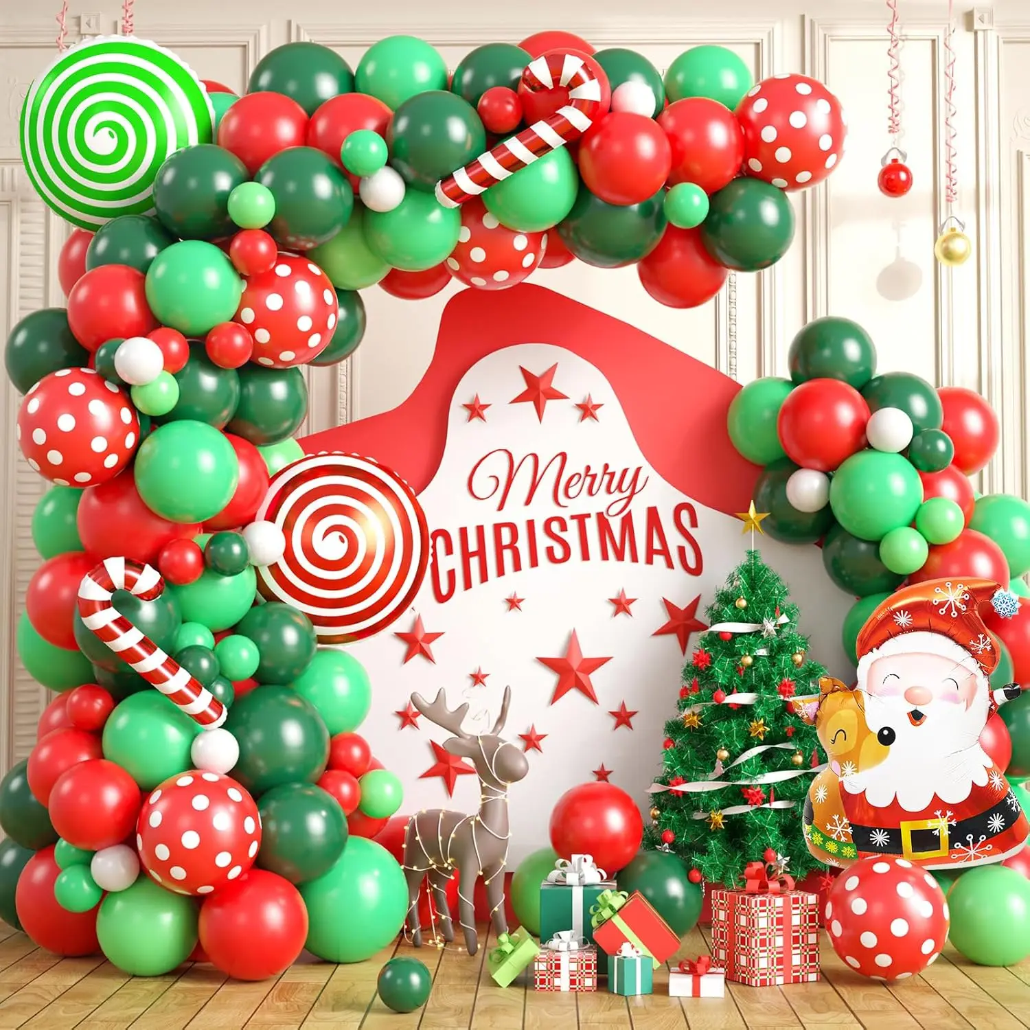 Christmas Balloon Arch Kit, Christmas Garland Arch With Dark Green Red White Spots Xmas Latex Balloons, Large Santa Claus Candy Cane Foil Balloon For New Year Holiday Xmas Party Decor