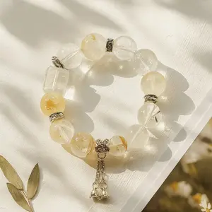 Natural Quartz Healing Bracelet | Handmade White Quartz & Flower Crystal Beads with Silver