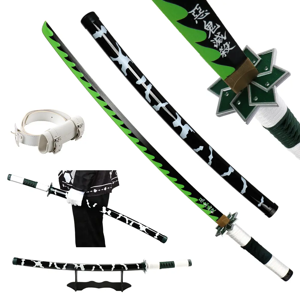 ELERVINO 41-in Unisex Anime Demon Slayer Shinazugawa Sanemi Cosplay Sword - Plastic-Bamboo Construction, White Belt, Holder Stand Display, Halloween Role-Play Prop, Christmas Gift