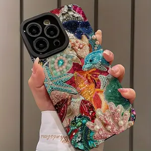 Fashion Embroidery Pattern Phone Case, Shockproof Phone Protective Cover, Phone Accessory Compatible with iPhone 16 15 14 13 12 11 Plus Pro Max, Casing