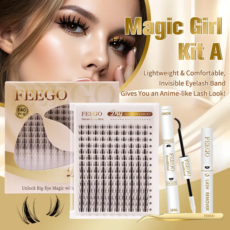 FEEGO Magic Girl C-Curl PBT Material Lash Cluster Assortment Set, 140 Pcs 8-18mm Individual Eyelash Extensions, Invisible Band, Waterproof Bond & Seal Glue, Lash Remover, Beginner-Friendly DIY Kit