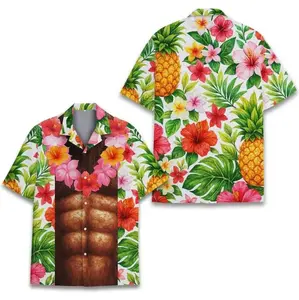 Funny Muscle Chest Hawaiian Shirt Men Women Youth, Bigfoot Abs Aloha Shirt with Tropical Flowers, Summer Beach Party Shirt Button Down