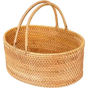 14"*10.2"*6" Rattan Picnic Basket with Handles, Large Oval Gift Basket, Hand-Woven Basket for Fruit, Empty Gift Basket for Festival, Wedding, Camping