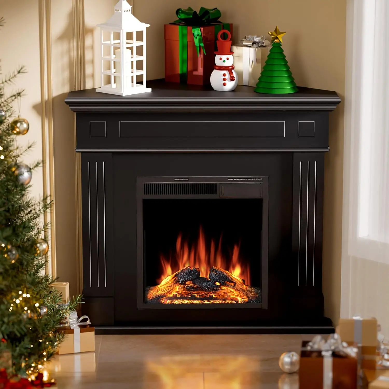 R.W.FLAME Black Corner Electric Fireplace with Mantel & LED Flame - Adjustable TV Stand Heater with Remote Control for Living Room, Bedroom