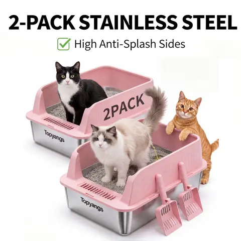 Topyangs 2-Pack Value XL Stainless Steel Litter Box - High-Sided Anti-Splashing Litter Pan with Free Scoop, Durability, Easy Cleaning for Multi-Cat Households, Litterbox