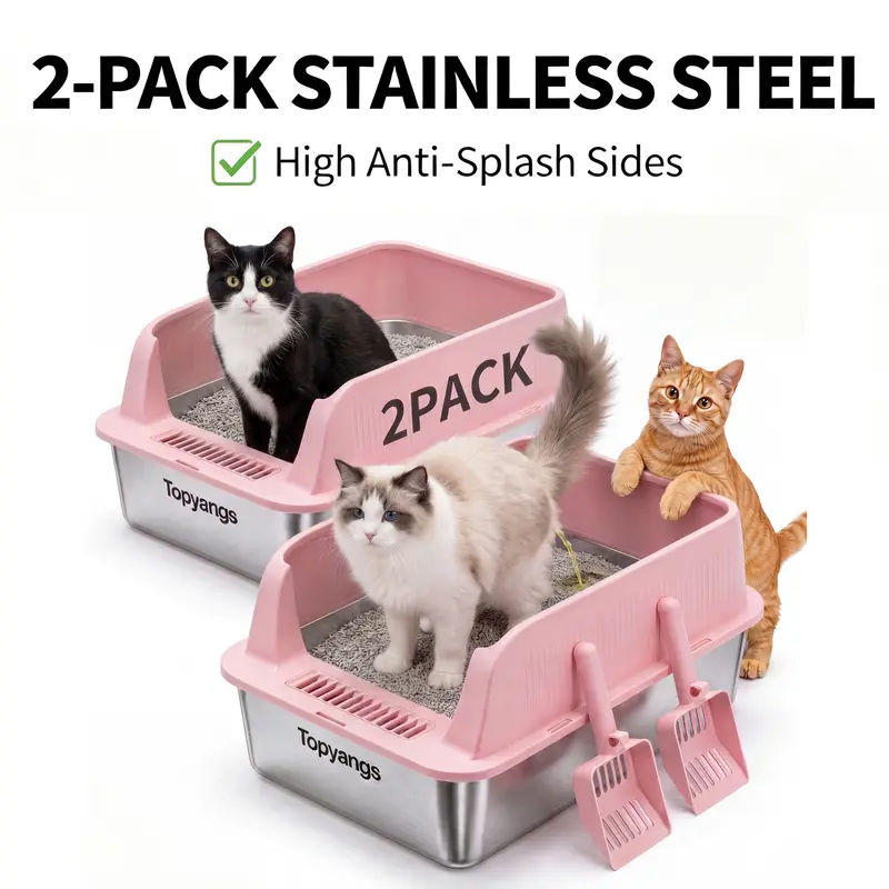 Topyangs 2-Pack Value XL Stainless Steel Litter Box - High-Sided Anti-Splashing Litter Pan with Free Scoop, Durability, Easy Cleaning for Multi-Cat Households, Litterbox
