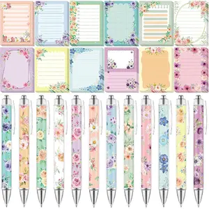 24 sheets of floral notepads with pen, floral Christmas cute gift notepad, self-adhesive black ink ballpoint pen, bulk gifts for office and school, suitable for children and adults