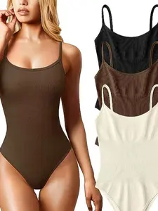 Women's 3 Piece Bodysuits Sexy Ribbed Sleeveless Adjustable Spaghetti Strip Tops Shapewear Bodysuits Polyester