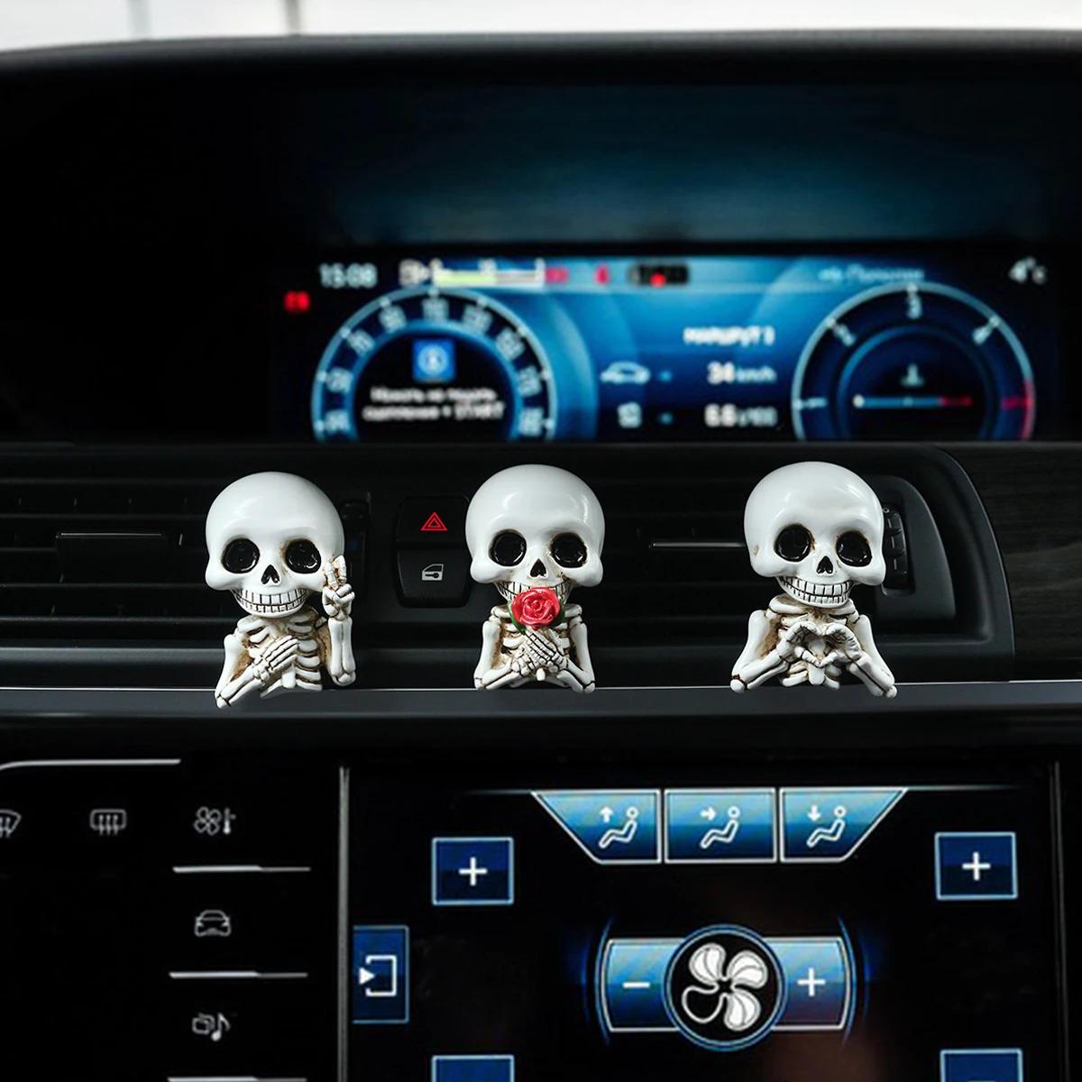 3pcs Cute Skeleton Resin Figurines, Car Interior Accessories, Fragrance Diffusers, Car Aroma Diffuser, Air Outlet Clips, All-Season Car Decor, Holiday Decorations, Air Freshener, Car Accessory, Perfect Car Gift
