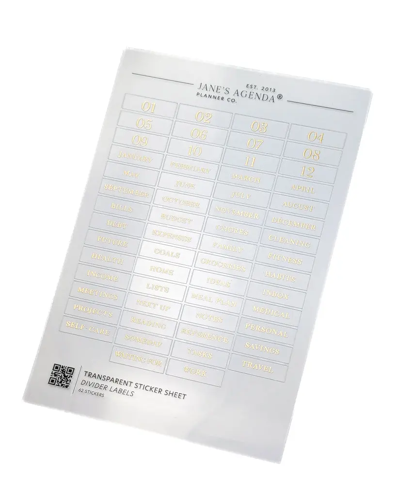 Planner Divider Labels | Clear Adhesive Stickers | Gold Foil