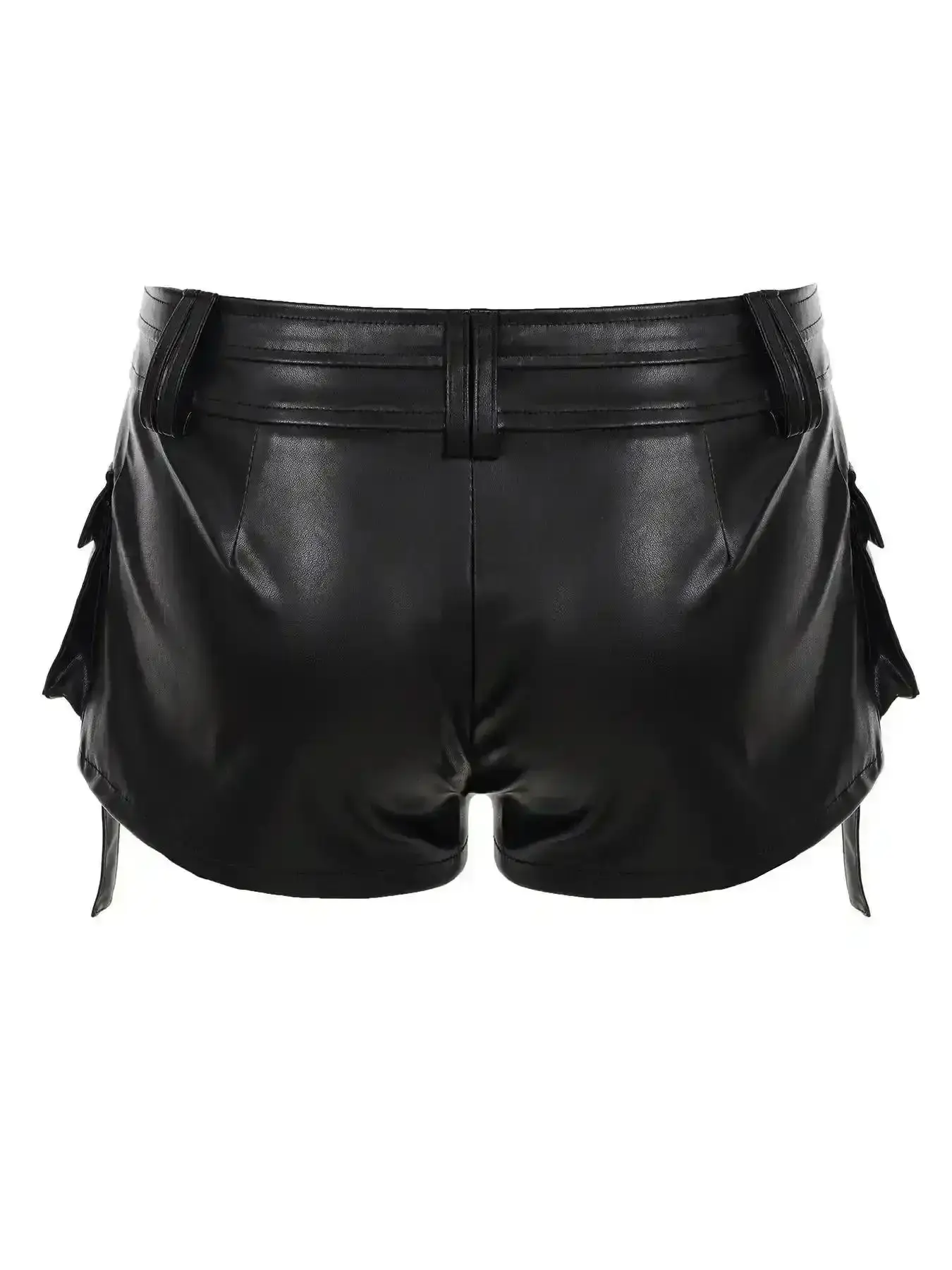 Sleek Women's PU Leather Mini Shorts, Street Punk Style Cargo Pockets Low Waist Short Pants, Trendy Fashion Casual Wear for Spring & Summer, Breathable, Versatile, Bottoms, Modern, Cozy, Lightweight, Breezy Comfort