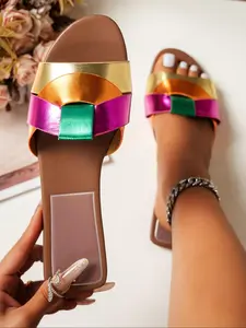 Women's Stylish Colorful PU Leather Slide Sandals, Casual Trendy Sandals, Comfortable Summer Flat Shoes for Daily Wear, Versatile Round Toe Footwear