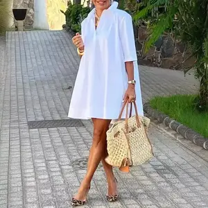 Ladies fashion new urban daily loose white five-point sleeve A-line shirt dress for women Casual Elegant