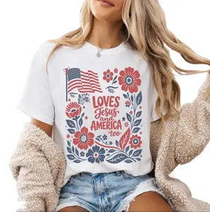 Loves Jesus and America Too T-Shirt, 4th of July Jesus Floral Tee, Christian Shirt, Cross Tee, Patriotic Shirt, Independence Day Gift for Her for Him