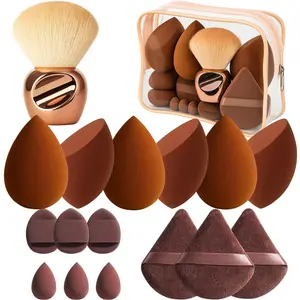 17 Pcs Makeup Sponge Set with Kabuki Powder Brush - Beauty Blender Sponges Triangle Puffs Mini Sponges Thumb Puff |   Multi-Functional Kit for Liquid Foundation Powder Cream, Travel Bag Include