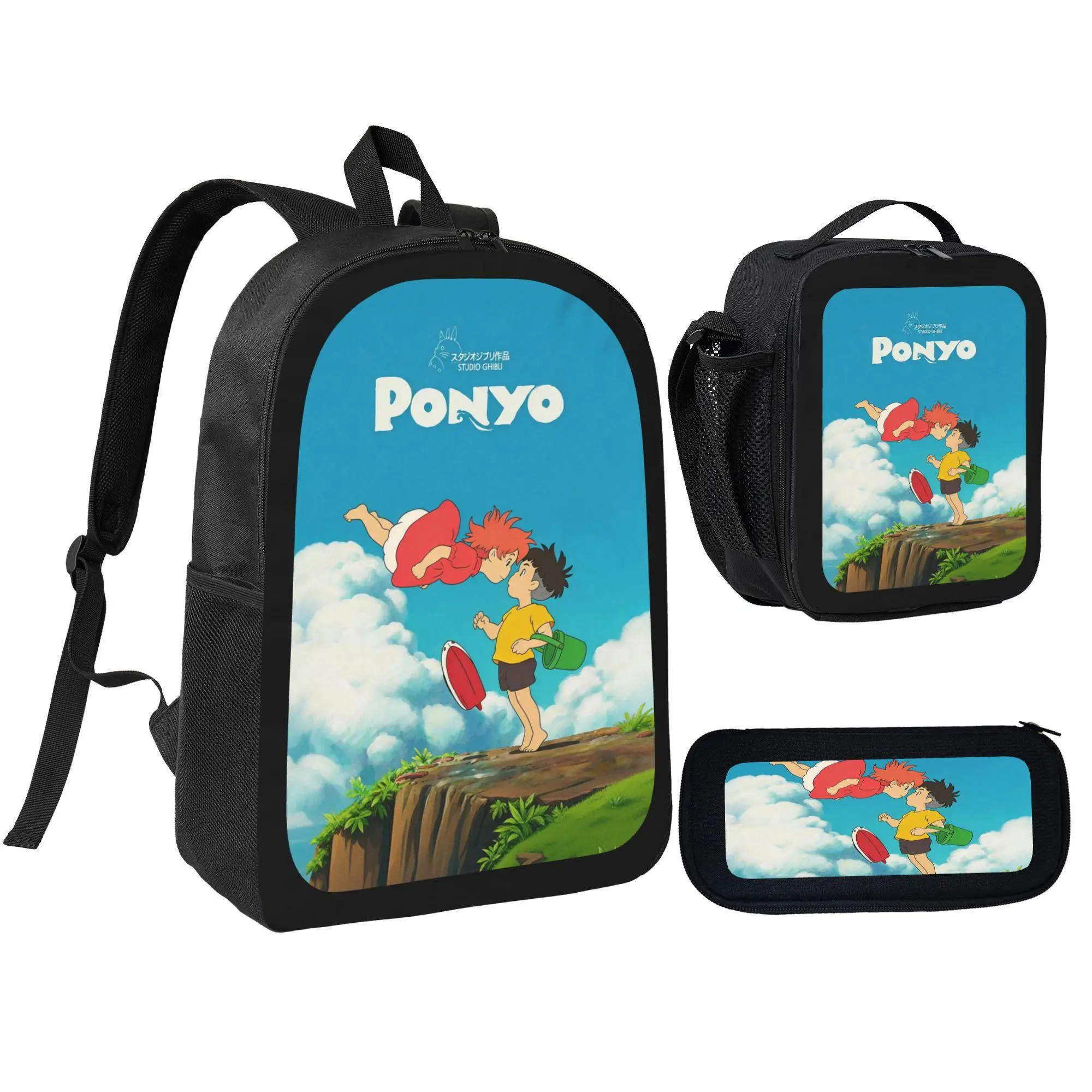 [3Pcs Backpack Set] Ponyo Anime Pattern with Lunch Bag Pencil Pouch School Bag for Kids Students Daily Use