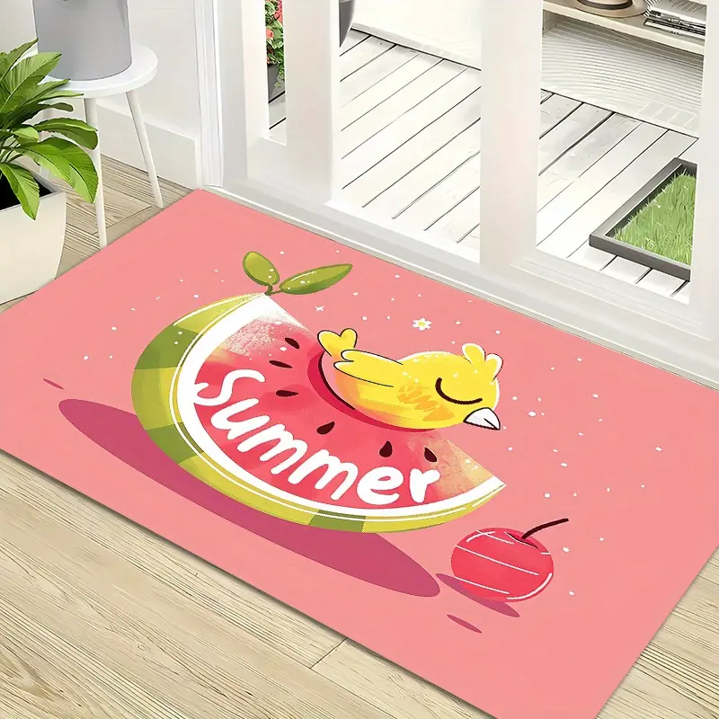 doorstep mat, polyester floor mat carpet, 160g weight, pink summer bird watermelon pattern anti slip doorstep mat, corridor kitchen bathroom balcony mat, bathroom mat outdoor carpet, home indoor and outdoor decoration carpet mat