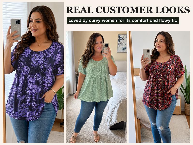 [1X-5X]Auciccoo Plus Size Tunic for Women Summer Tulip Short Sleeve Tunic Tops Scoop Neck Floral Printed Casual Soft Blouses Top Shirts Womenswear