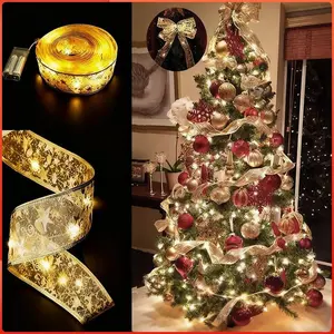 Christmas Ribbon String Lights 32FT 100 LED Gold Copper Wire Bow Lights for Tree Indoor Wedding and Holiday Decor | Party Weddings Holiday Christmas Tree Decorations (Gold Warm Light Battery Powered)