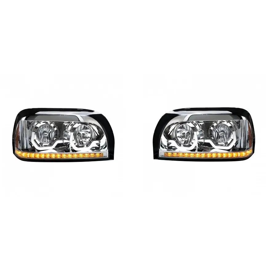 Freightliner Century Chrome Projection Headlight with LED Turn Signal Light Bar | Driver & Passenger Set | Replacement Headlamp Assembly