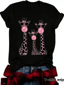 Women's Giraffe Print Round Neck Fitted Tee, Fashion Casual Crew Neck T-Shirt for Daily Holiday Vacation Outdoor Wear, Ladies Clothes for Summer