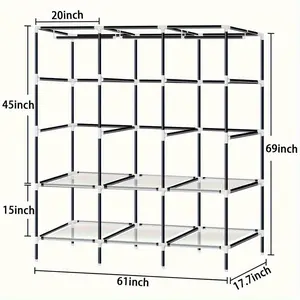 61" Large Capacity Portable Wardrobe with 3 Hanging Rods & 6 Storage Shelves - Grey Closet Organizer for Small Spaces, Dorms, and Apartments | Easy Assembly & Sturdy Construction
