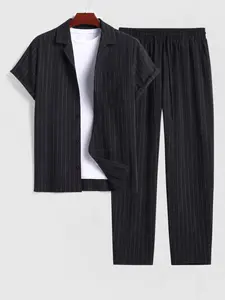Men's 2-Piece Pinstripe black Set | Effortless Old Money Aesthetic | Summer Camp Collar Shirt & Drawstring Pants Outfit