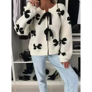 Women's Bow Print Tie Front Drop Shoulder Cardigan, Casual Long Sleeve Knit Outerwear for Fall & Winter, Fashion Ladies' Knitwear for Daily Wear
