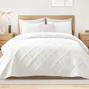 Cal King Size Quilt with Striped Pattern, 3 Summer Oversized Lightweight White Quilts, Bedspreads Coverlets for Seasons