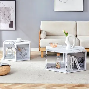 Minimalist white patterns hexagonal Coffee Table Set.Hexagonal MDF coffee table, characteristic pattern stickers, multi-hole design to give more storage space.Two coffee tables of different sizes.