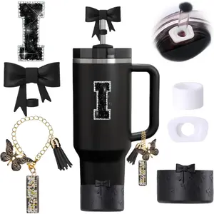 6 count Black  Cup Accessories Set, Bow Straw Topper for  Cup 30oz 40oz, Including Straw Topper and Bow  Boot, Stoppers Spill Proof, Handle Charm, Initials Sticker