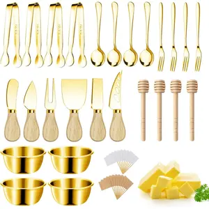 Gold Charcuterie Utensils Cheese Butter Spreader Knife Set Small Serving Tongs Forks Spoons Dipping Bowls Honey Dippers Toothpick Flags for Party Platter Making