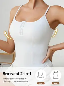 Bra+Vest 2-in-1 Tank Top Sewn-in Pads Button Front Shaping Tummy Control No Cup Running Comfort Camisole