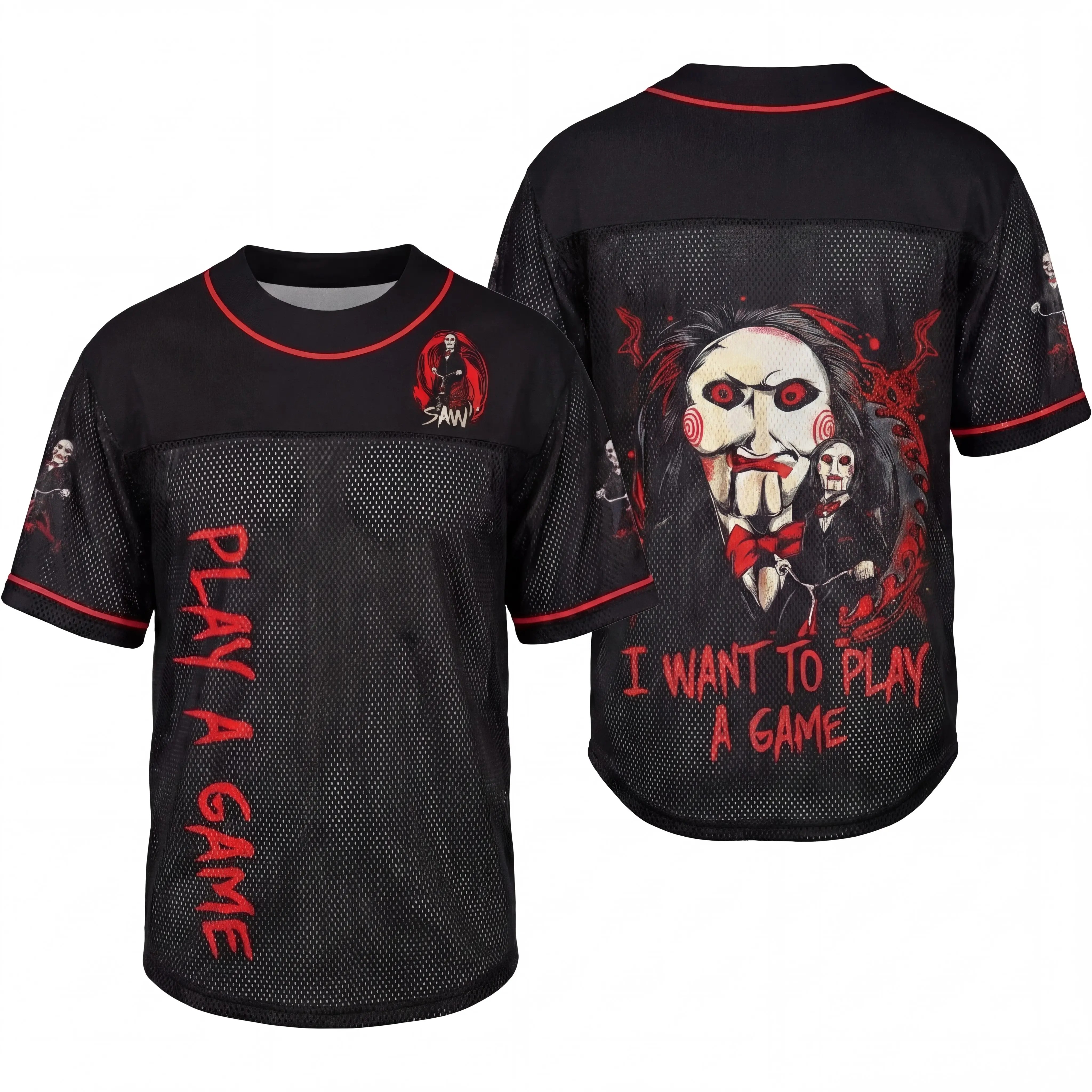 Gothic Horror Movie Puppet Mesh Baseball Jersey, Spooky Season Billy I Want To Play A Game Sport Shirt, Aesthetic Fall Graphic Team Uniform, Novelty Halloween Party Costume Top