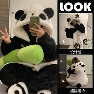 2025 Winter Cartoon Panda Coral Pajamas Set for Women, Thickened Warm Sleepwear, Cute Kawaii Homewear Loungewear Set, Cozy Youthful Winter Nightwear (no Pants)