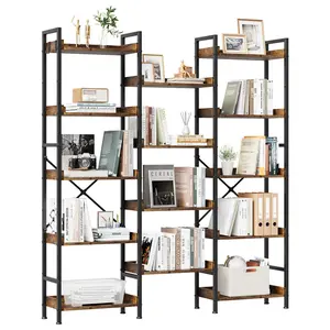 5-Tier Industrial Bookshelf - Spacious Tall Storage Rack - Sturdy Metal Frame, Wide Wooden Bookcase with 14 Open Shelves for Living Room, Bedroom, Home Office, Black+Brown