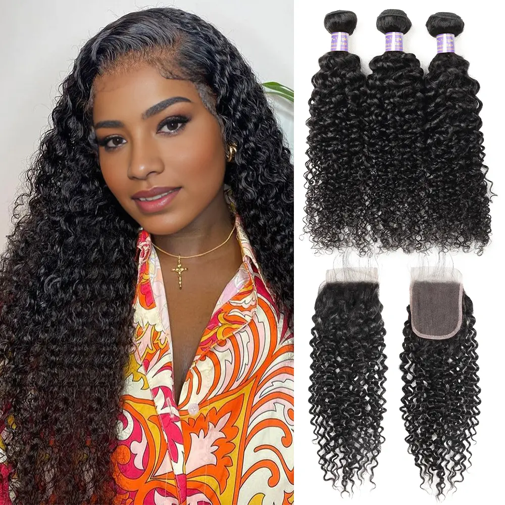 Allove Kinky Curly Bundles With Closure 4x4 Inch Human Hair Bundles With Closure Free Part 3 Bundles With Closure Quick Weave Extensions