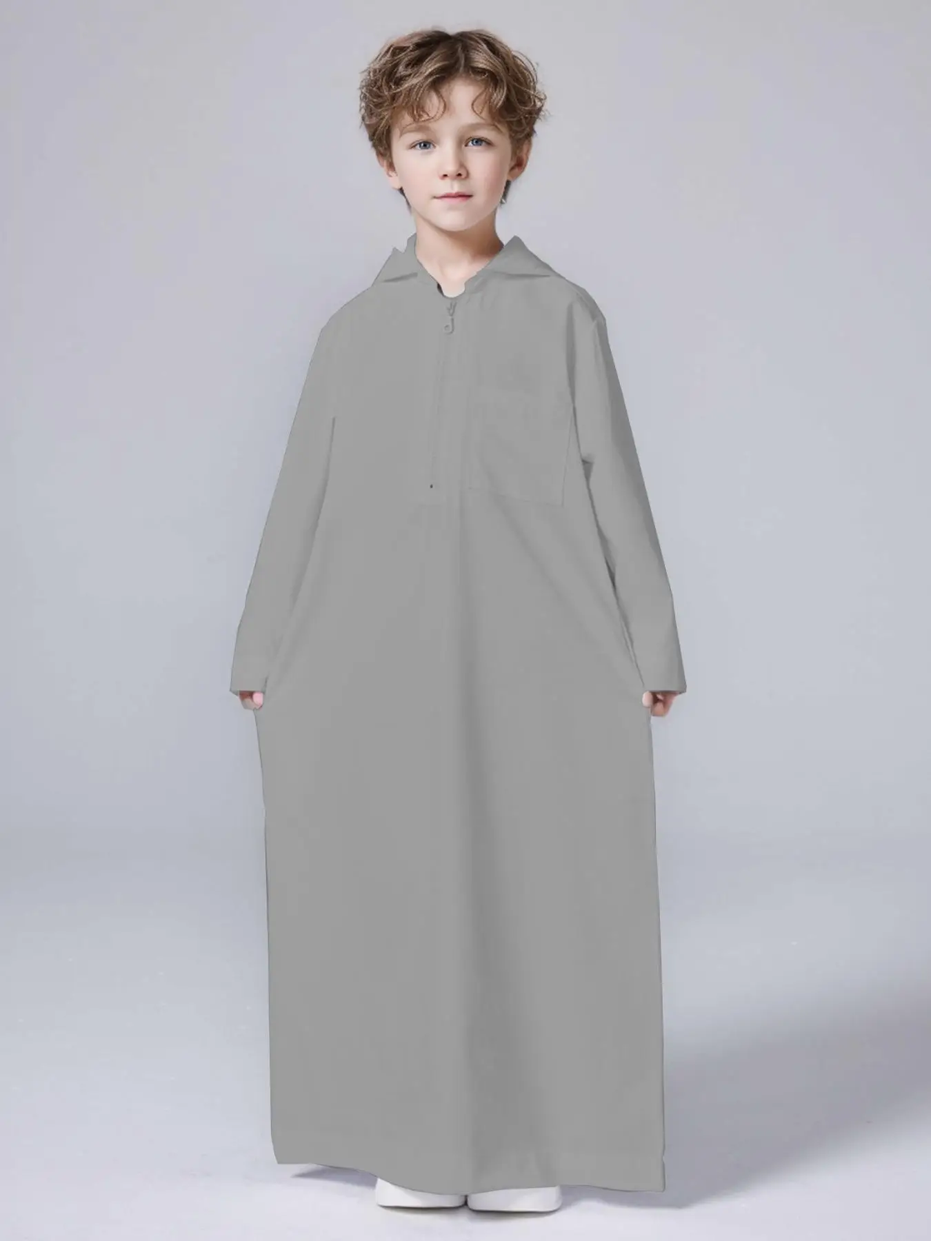Boys' Solid Color Hooded Robe, Modest Long Sleeve Zipper Tunic Hobe, Muslim Clothing for Boys, Kids Islamic Clothing for Summer