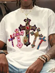 Men's Y2K Street Style T-Shirt, Vintage Sacred Heart Cross Pattern Short Sleeve, Religious "Jesus Saves" Print Casual Top, Suitable For Streetwear