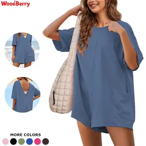 Woodberry Women's Cotton Maternity Oversized Romper - Minimalist Basic Plain Round Neck Casual Athletic Jumpsuit for Workout Wear