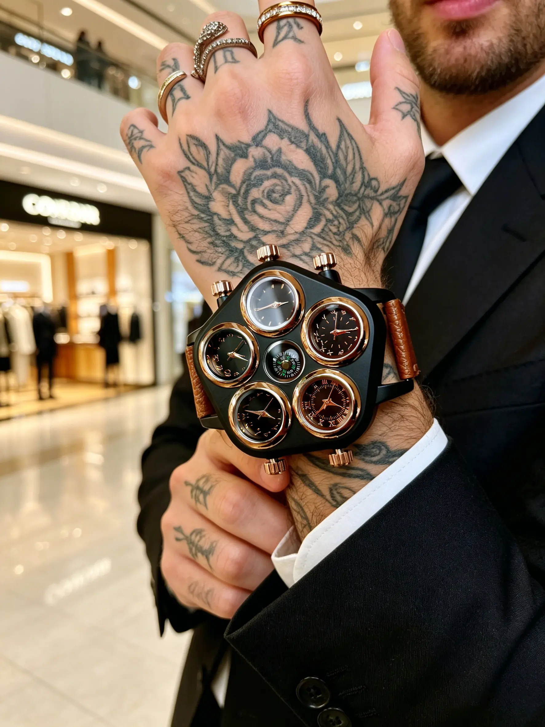 Men's Five Time Zone Analog Quartz Watch, Unique Polygonal Large Watch, Five Independent Movements & Compass, Leather Strap, Global Travel Watch