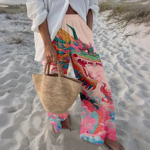 Beach Pink Dragon Palazzo Pants Eastern Style Auspicious Cloud Print Trousers for Vocation